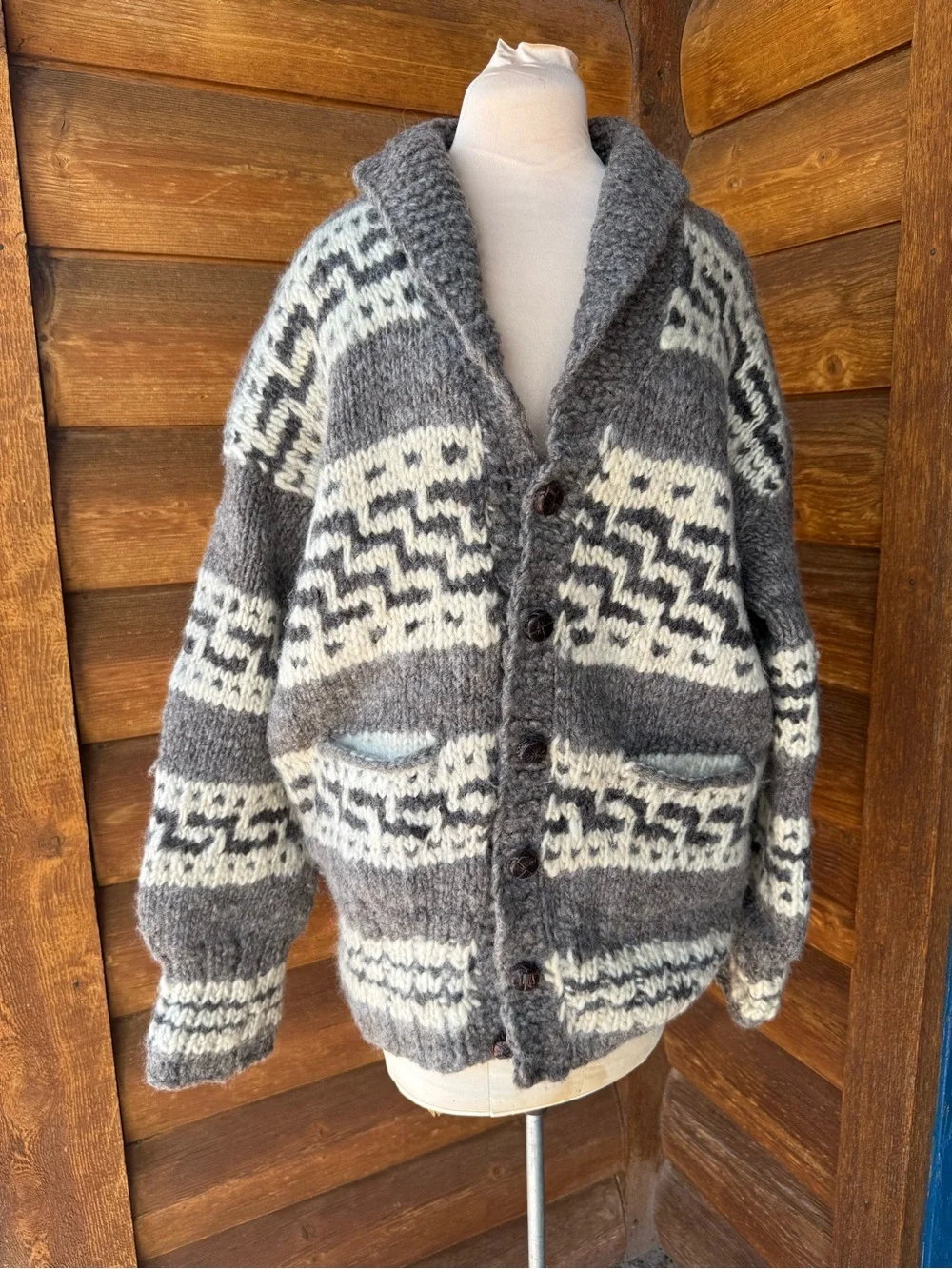 Shawl Collar Chunky Knit Sweater Cardigan Cowichan style.